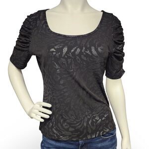 Worthington Black Silver Metallic Animal Print Puff Sleeve Stretch Top Size L